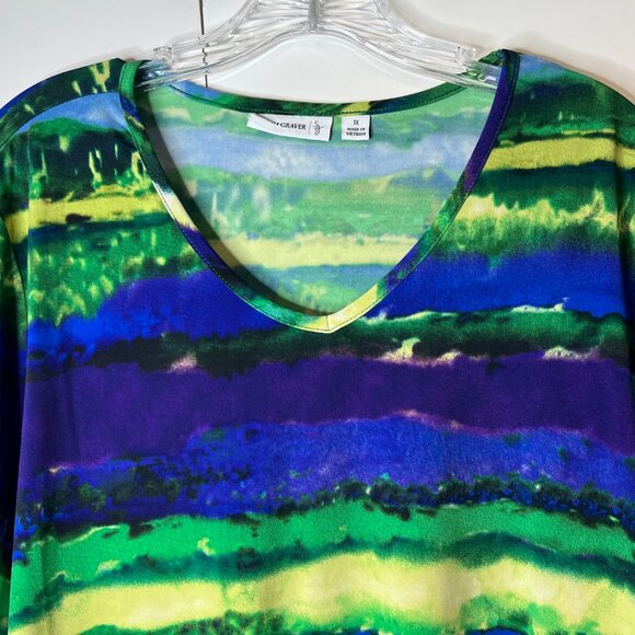 Susan Graver Size 1X Liquid Knit Tie-Dye Stripe V-Neck Top Blue Green 3/4 Sleeve - Picture 2 of 6
